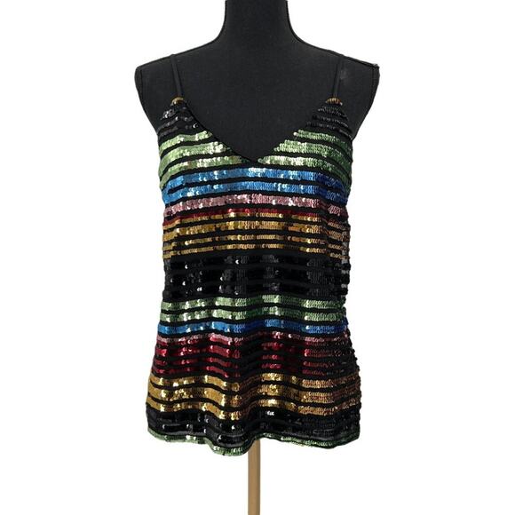 Express Black Rayon‎ Blend Multicolor All Over Sequins Striped  Cami - Picture 8 of 8